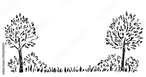 Simple hand-drawn vector drawing with a black outline. Forest glade, lawn. Deciduous trees, bushes and grass, plants. Nature and vegetation. Summer landscape. Sketch in ink. Place for text, copy space