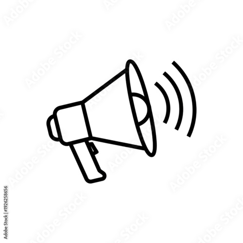 Clear outline vector image of a handheld megaphone or bullhorn with sound waves representing marketing communications public speaking and loud broadcasted news alerts.