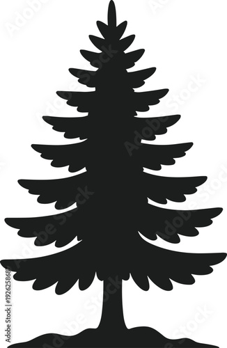 Black silhouette of a tall pine tree with layered branches and a textured base on a white background
