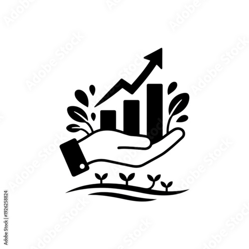 Conceptual business growth vector image showing a hand supporting a rising bar graph surrounded by sprouts and organic nature-inspired decorative leaves.