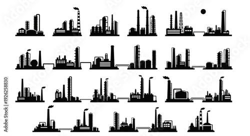 Industrial silhouettes of factories and plants, representing manufacturing and production processes.