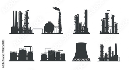 Silhouette of industrial plants and factories, representing manufacturing and production.
