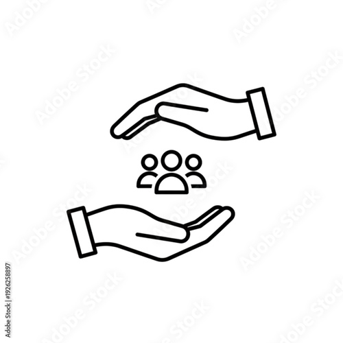 Compassionate community support vector image showing protective hands cradling a group of people symbolizing life insurance safety and social welfare organization care