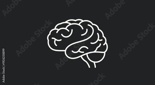Simple White Line Art of a Human Brain on Black Background.