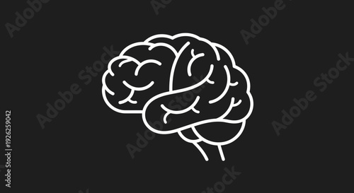 Simple White Outline of Human Brain on Black Background.