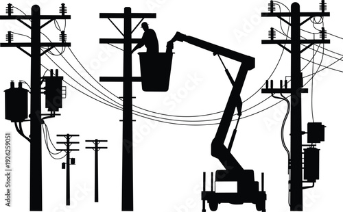 Silhouette of Utility Worker in Bucket Truck Repairing Transformers and Overhead Power Lines on Distribution Poles in Electrical Energy Infrastructure Vector Illustration