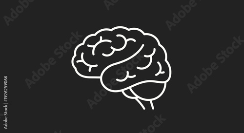 Simple White Outline of Human Brain on Dark Background.