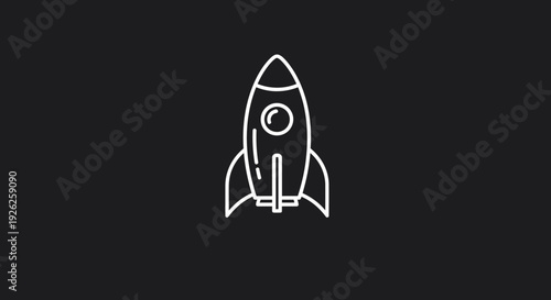 Simple White Rocket Ship Icon on Black Background.
