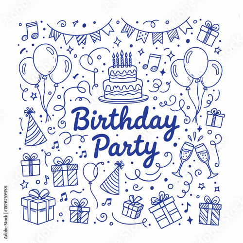 Birthday party celebration with cake gifts balloons and decorations