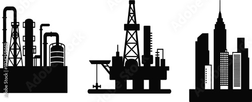 Set of black silhouettes featuring a factory plant, offshore oil rig, and modern city skyline skyscrapers
