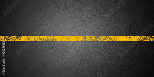 Asphalt road with yellow lane marking, concrete highway surface, texture. Street traffic line, road dividing strip. Pattern with grainy structure, grunge stone background. Vector illustration