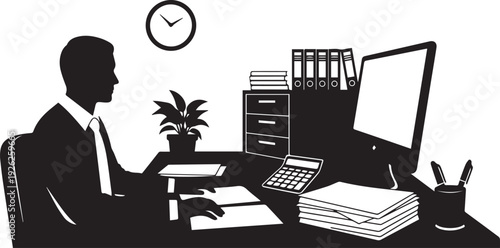 Businessman working at desk with computer and documents for financial planning vector