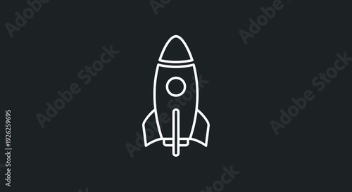 Simple white outline rocket ship icon on dark background.