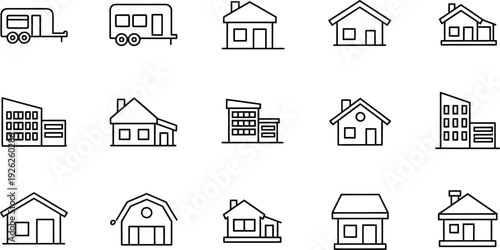 Building and house outline icon set with residential architecture collection