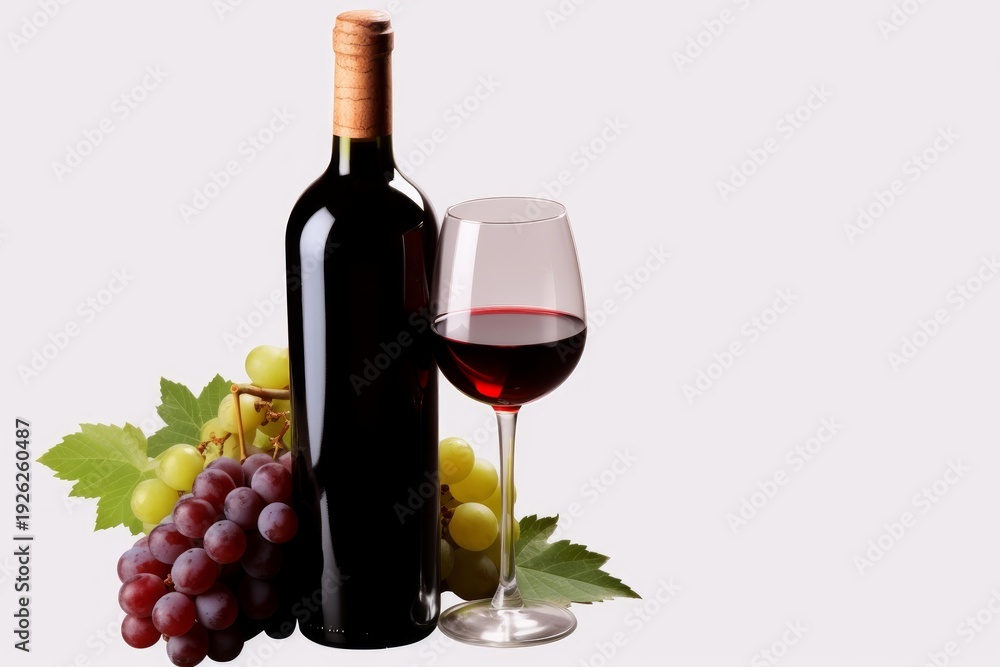 Naklejka premium Red wine bottle next to a full glass and fresh red and green grapes