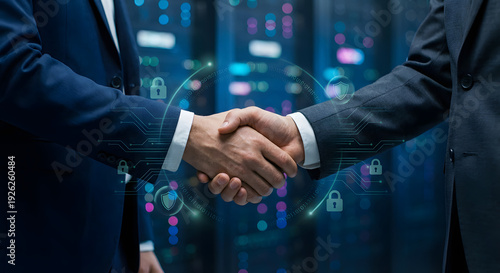 Business partners shaking hands in dark server room with digital security holograms and cyber protection padlock icons for high tech partnership and corporate data safety concept