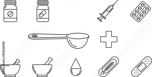 Medical pharmacy outline icon set with medicine and healthcare tools
