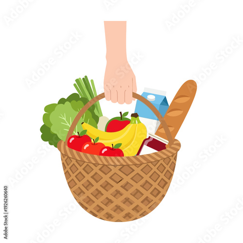 Hand Holding Wicker Basket Full of Fresh Groceries and Produce