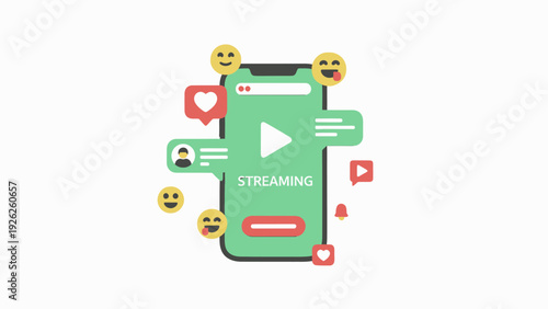 Smartphone screen displaying live streaming video with social media icons.