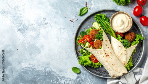 Vegetarian falafel wraps. Space for text