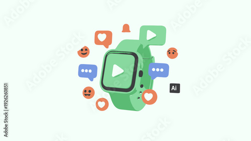 Smartwatch displaying video with social media icons floating around.