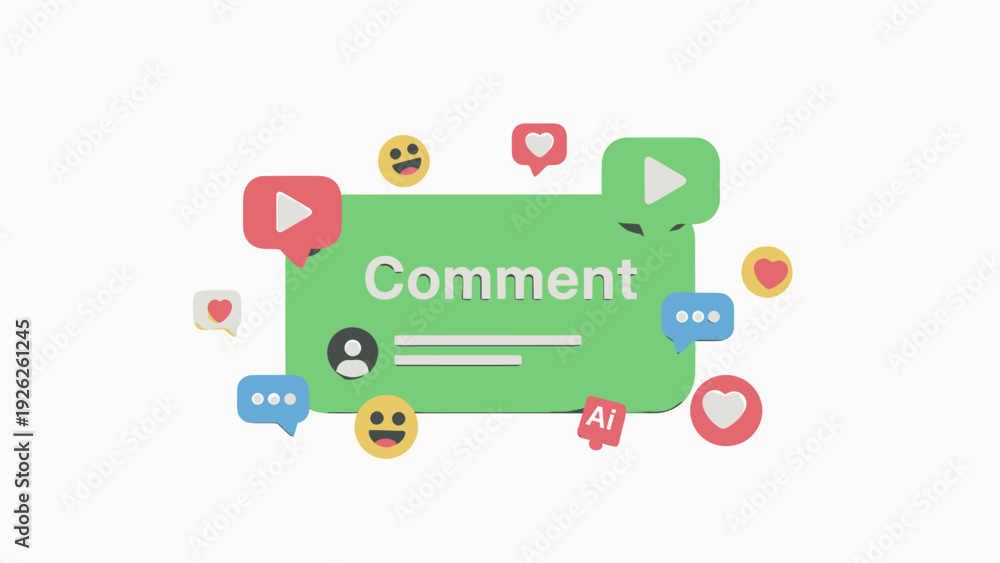 Naklejka premium Social Media Comment Icon with Play Button and Emojis.