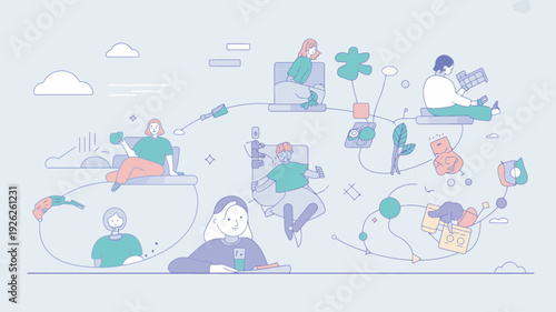 A group of people working remotely in a colorful and vibrant online environment with various devices and objects