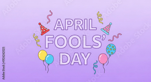 April fools' day celebration with colorful balloons and party hats on purple background