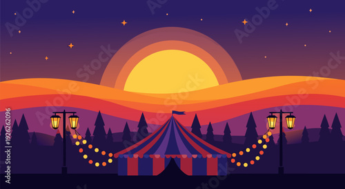 Vibrant Cartoon-Style Circus Tent at Sunset Vector Illustration with Lampposts and Whimsical Atmosphere