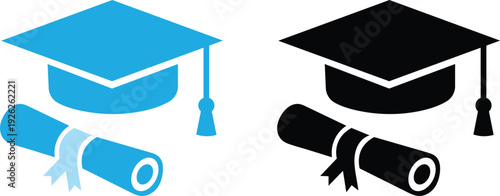 Two graduation cap and diploma icons in contrasting blue and black colors isolated on white