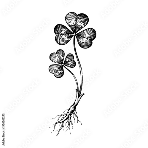 Antique shamrock clover plant etching illustration for vintage St. Patrick's luck concept