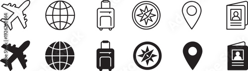 Travel and Tourism Icon Set with Airplane, Globe, Luggage, Compass, Location Pin and Passport Icons in Outline and Solid Style