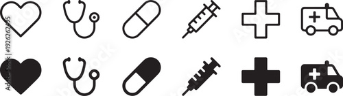Medical and Healthcare Icon Set with Heart, Stethoscope, Pill, Syringe, Cross and Ambulance Icons in Outline and Solid Style
