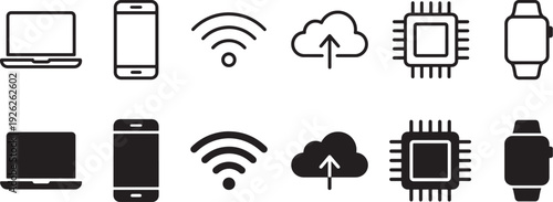Technology and Device Icon Set with Laptop, Smartphone, WiFi, Cloud, Processor Chip and Smartwatch Icons in Outline and Solid Style