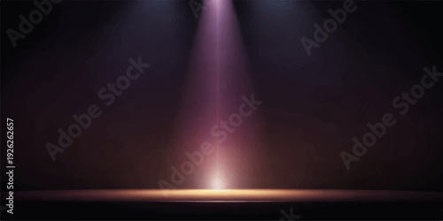 A bright blue laser ray and glowing spotlight flash through the dark theater space, creating a motion blur design with artful texture over the stage