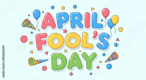 Colorful april fool's day celebration graphic with balloons and party horns on light blue background