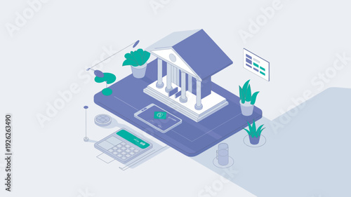 An isometric illustration of a bank building with a calculator and plants on a purple platform