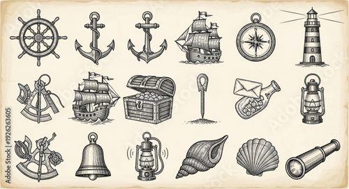Collection of nautical themed illustrations, perfect for maritime designs and projects.