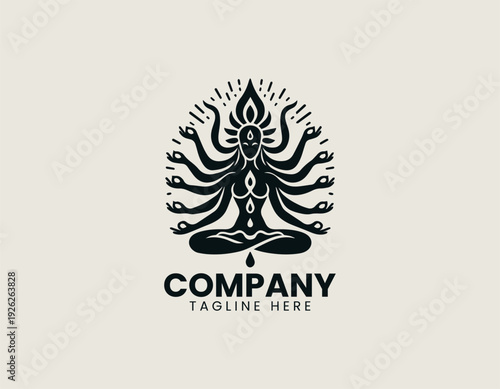Ornate multi-armed goddess is depicted in a lotus meditation pose professional. Spiritual branding concept