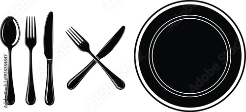 Set of black cutlery silhouettes including spoon fork knife and plate isolated on white for restaurant menu cad drawing flat vector illustration