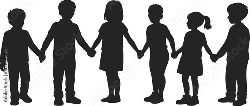 Set of black silhouettes featuring a diverse group of happy children holding hands for friendship and unity