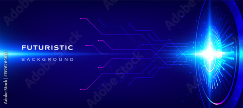 Futuristic background with neon light beam and digital circuit lines on blue technology backdrop.
Abstract high tech energy interface concept in glowing cyber style vector illustration.