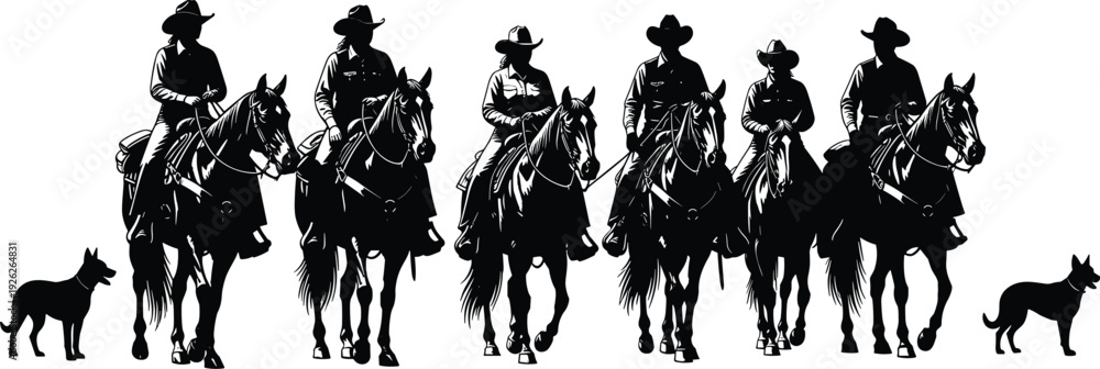 Ταπετσαρία Set of six cowboy and cowgirl silhouettes riding horses with dogs isolated on wh