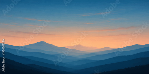 A misty morning sun rises over the mountain peaks as golden light glows across the forest valley and horizon at dawn