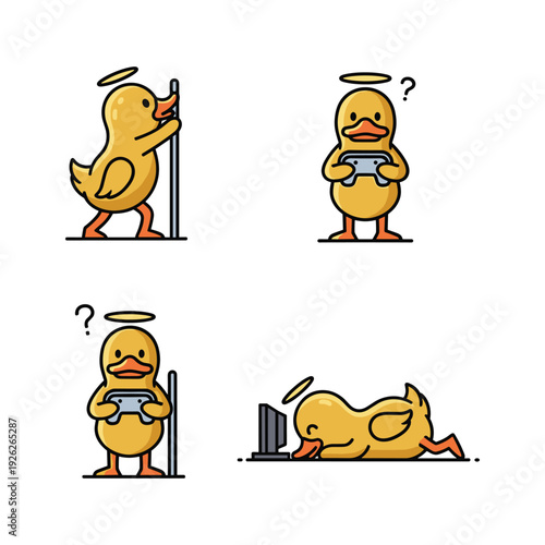 Cartoon duck with halo struggling with smartphone addiction in various poses