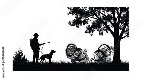 Black silhouette of hunter with gun and dog hunting wild turkeys in field under tree isolated on white background cad drawing flat vector illustration