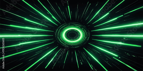 A bright green abstract fractal background features glowing circular patterns and digital spiral motions set against a dark space backdrop with light star textures and artistic energy