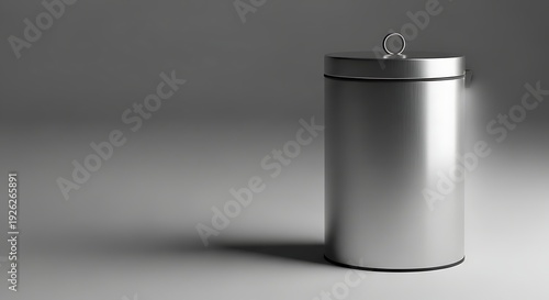 Minimal metal trash can with lid under studio lighting on neutral background. Clean product shot ideal for waste management, sanitation, household, and modern interior concepts.