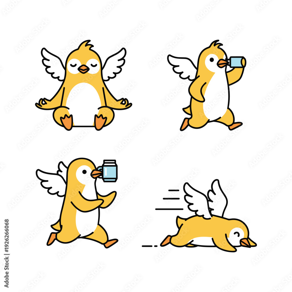Fototapeta premium Cartoon penguin flying and taking selfie with camera in different poses on white background