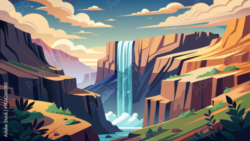 A tall natural waterfall flowing down a vertical rocky cliff open sky above wide ground below clean minimal vector illustration flat design uncluttered balanced composition